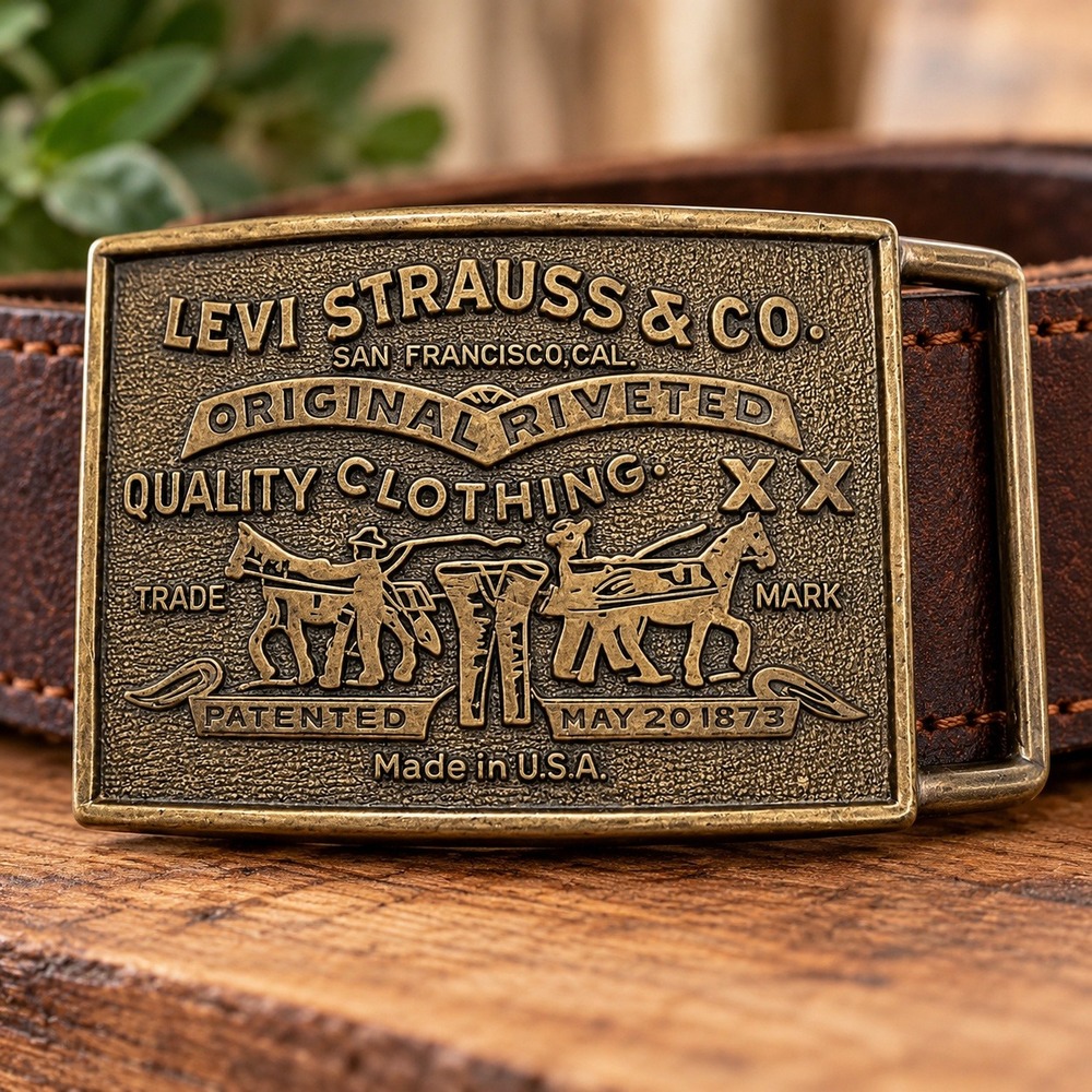 Vintage Levi Strauss & Co Brass Belt Buckle Two Horse Logo Made in USA XX Logo